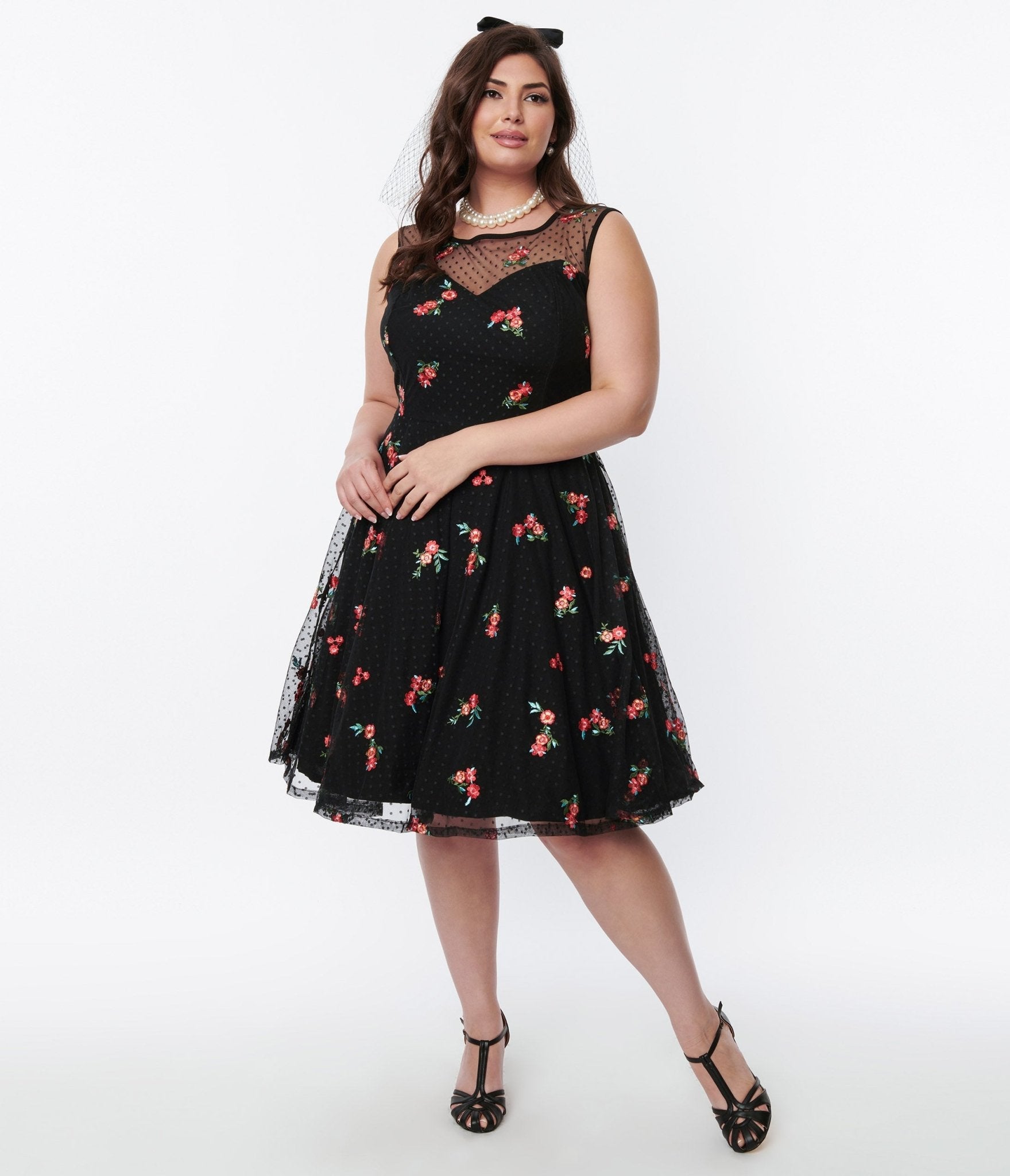  Black Polka Dot Tulle & Pink Floral Swing Dress