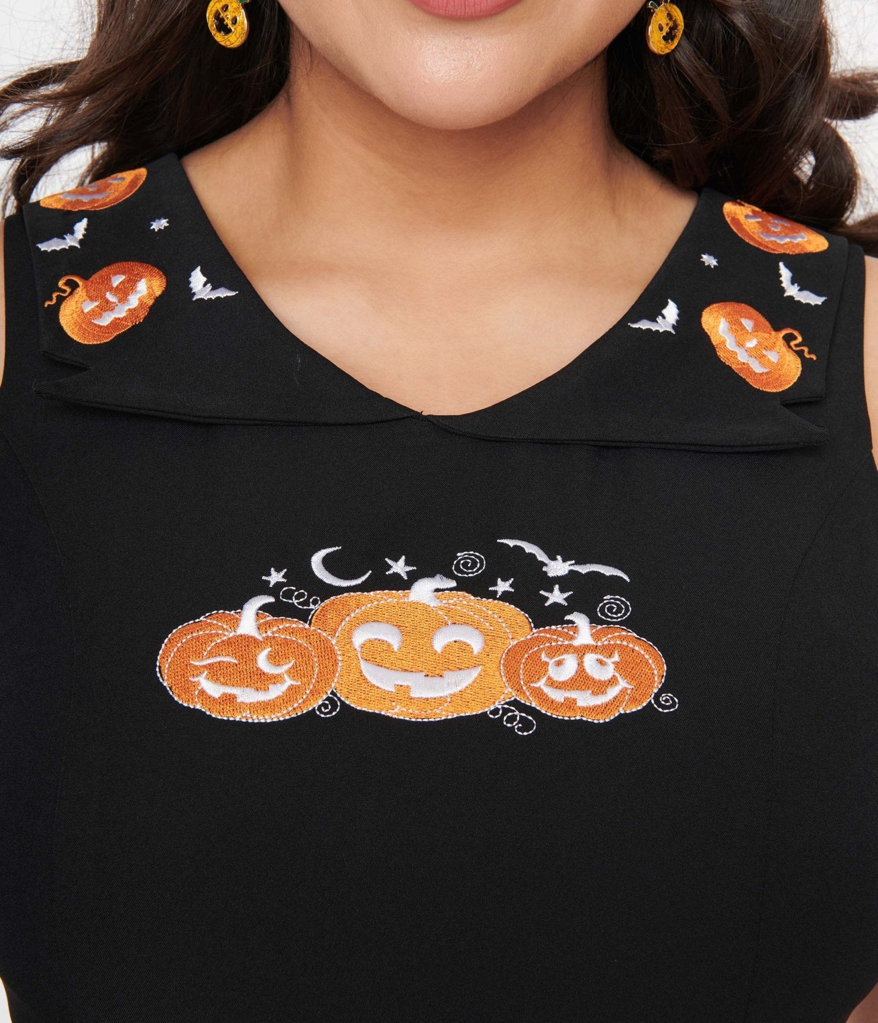  Black & Pumpkin Embroidered Flare Dress