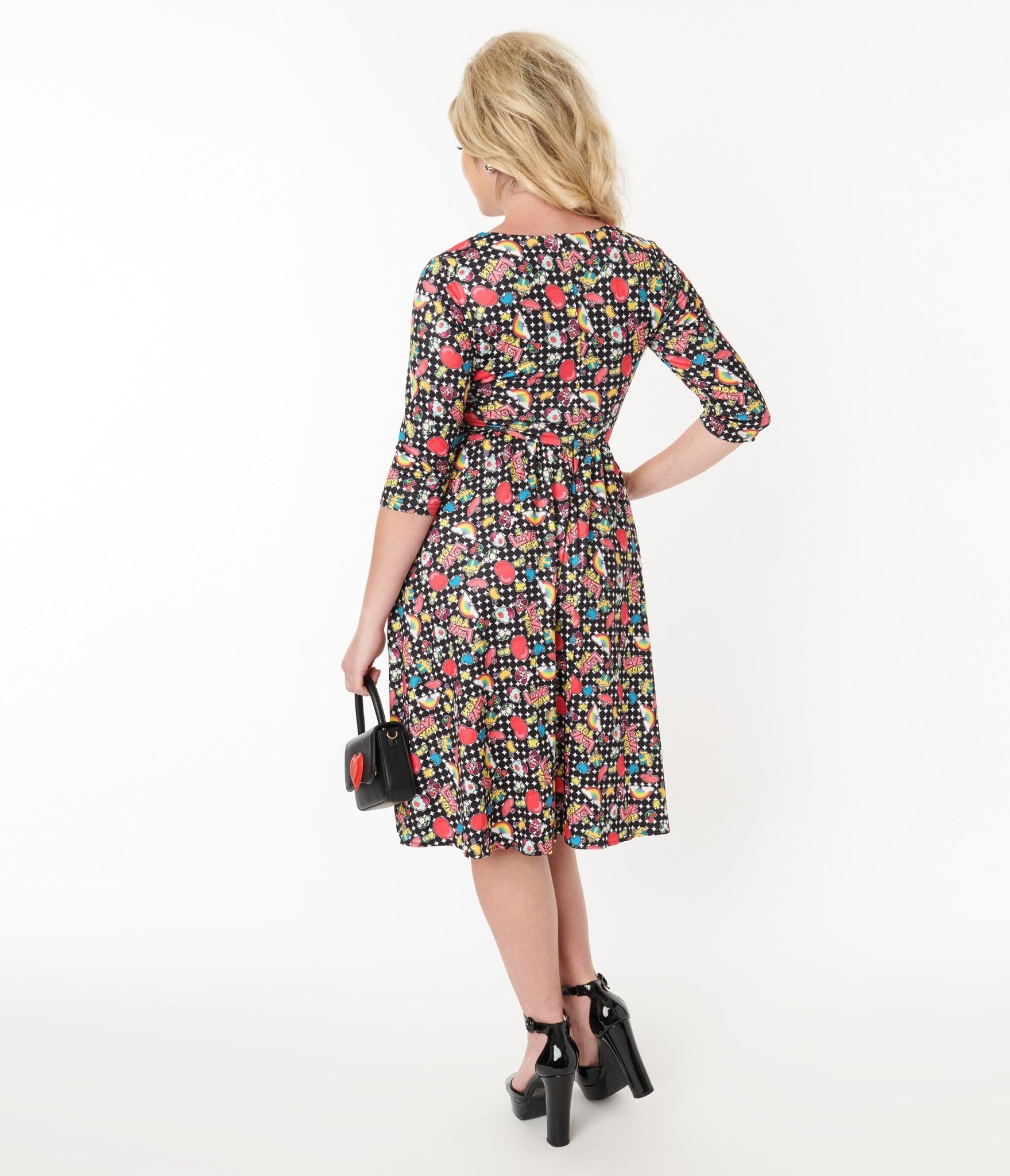  Black & Rainbow Retro Print Flare Dress