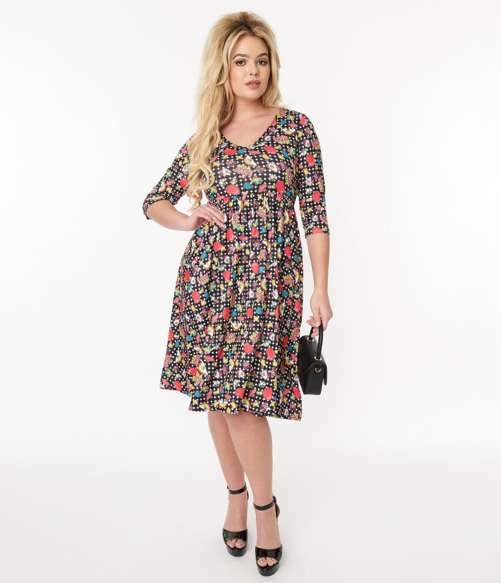  Black & Rainbow Retro Print Flare Dress