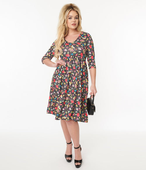  Black & Rainbow Retro Print Flare Dress