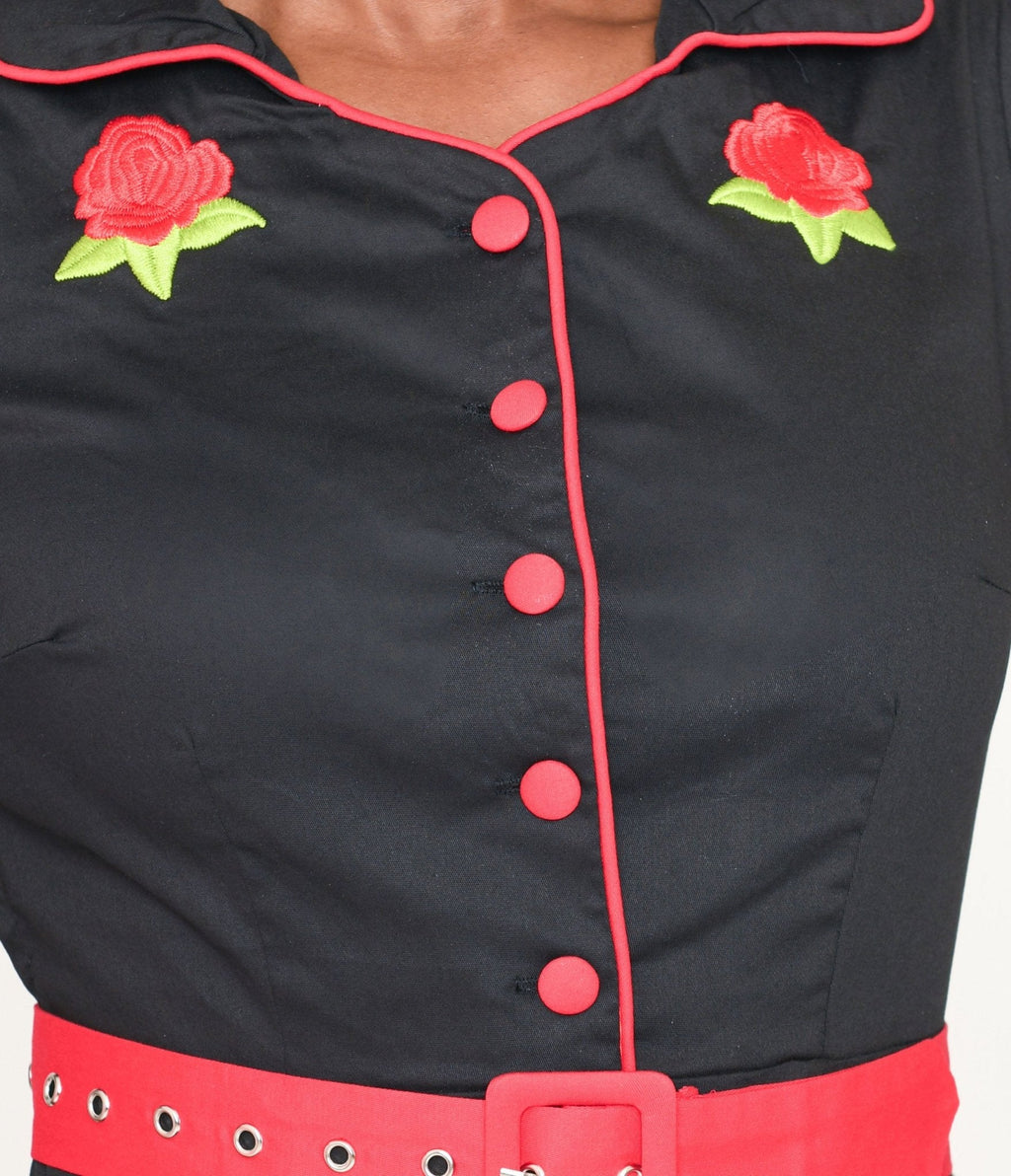  Black & Red Trim Embroidered Sherry Swing Dress