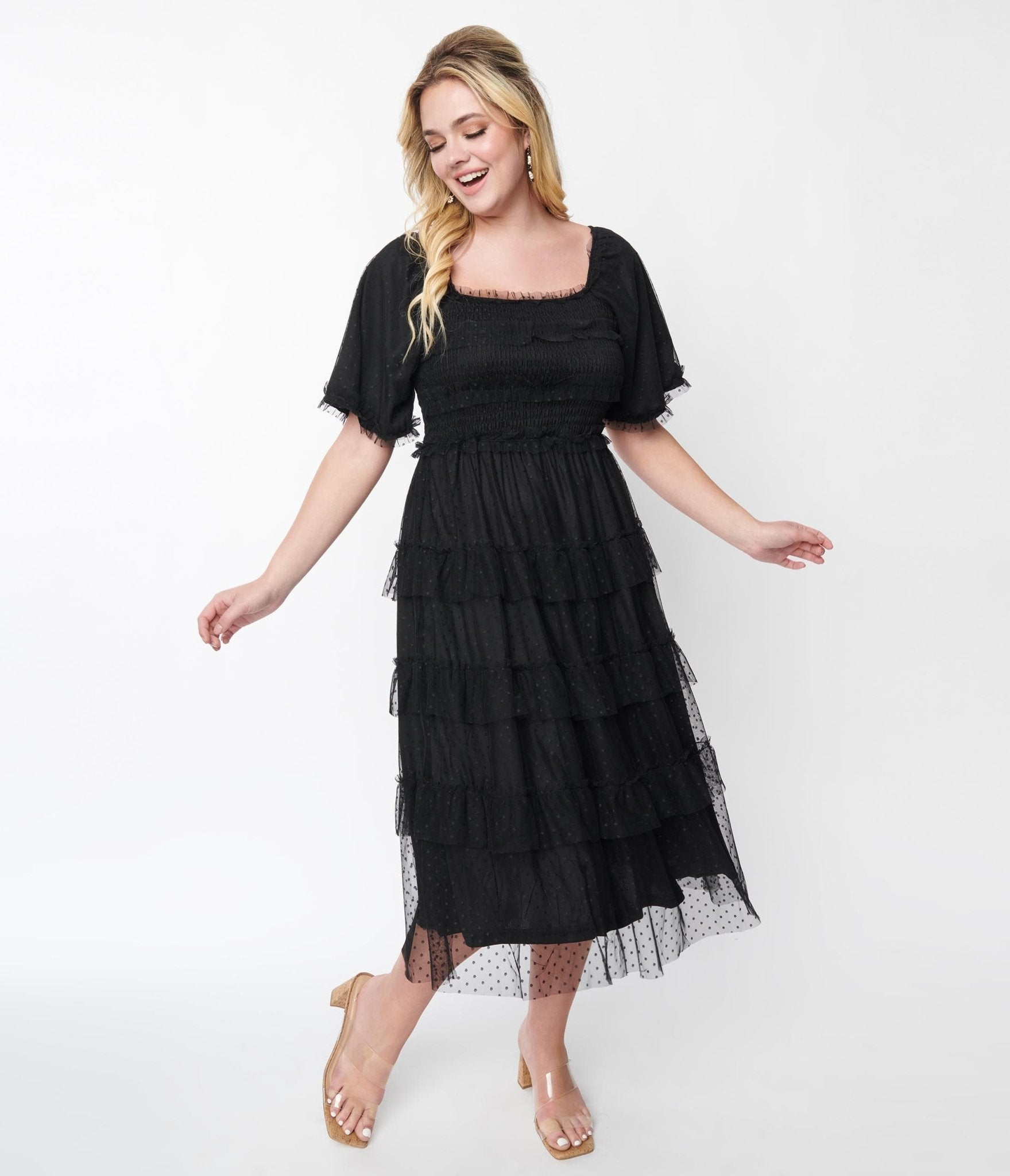  Black Ruffled Tiered Midi Dress