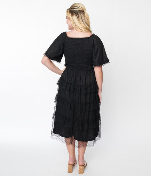  Black Ruffled Tiered Midi Dress