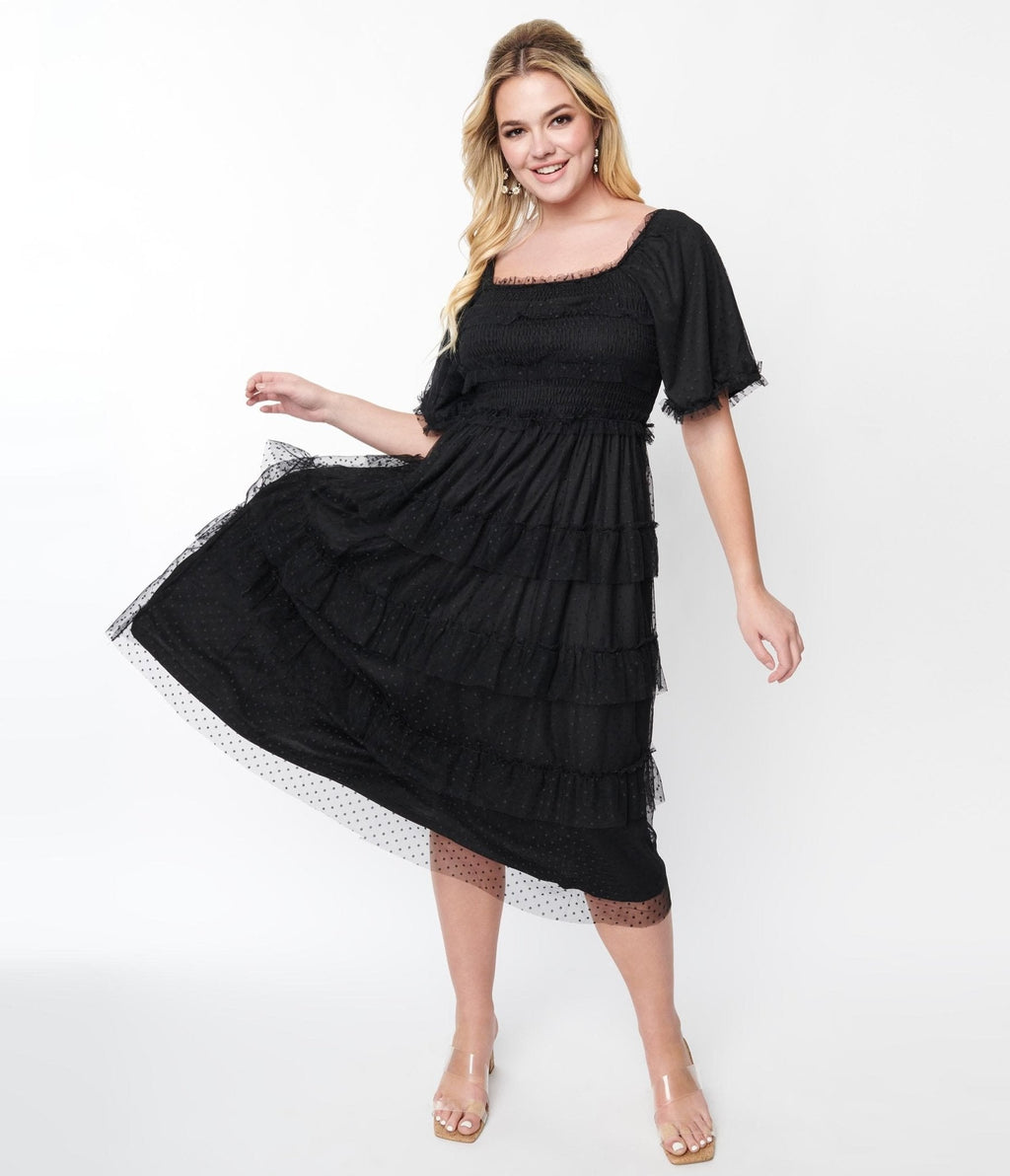  Black Ruffled Tiered Midi Dress