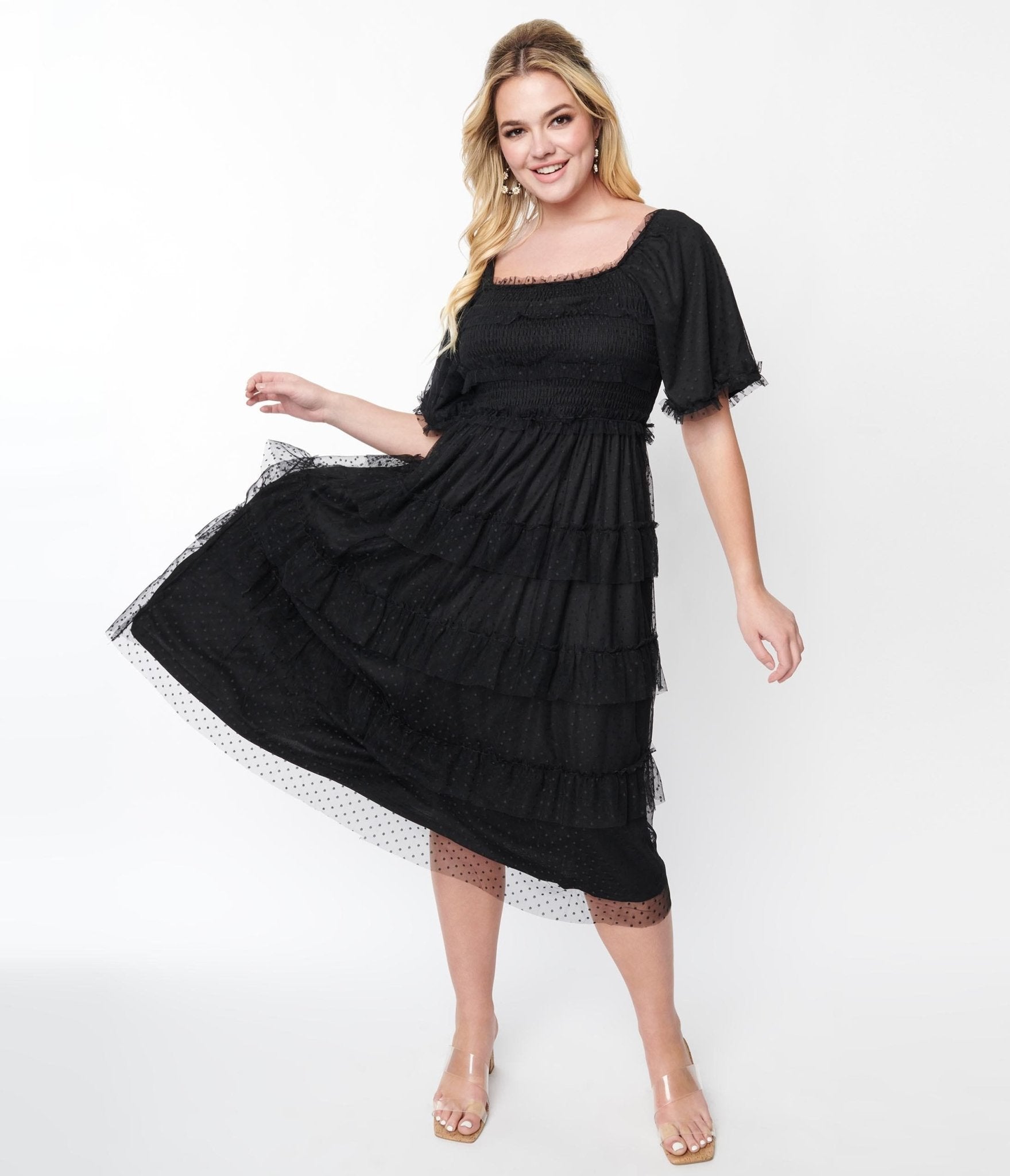  Black Ruffled Tiered Midi Dress