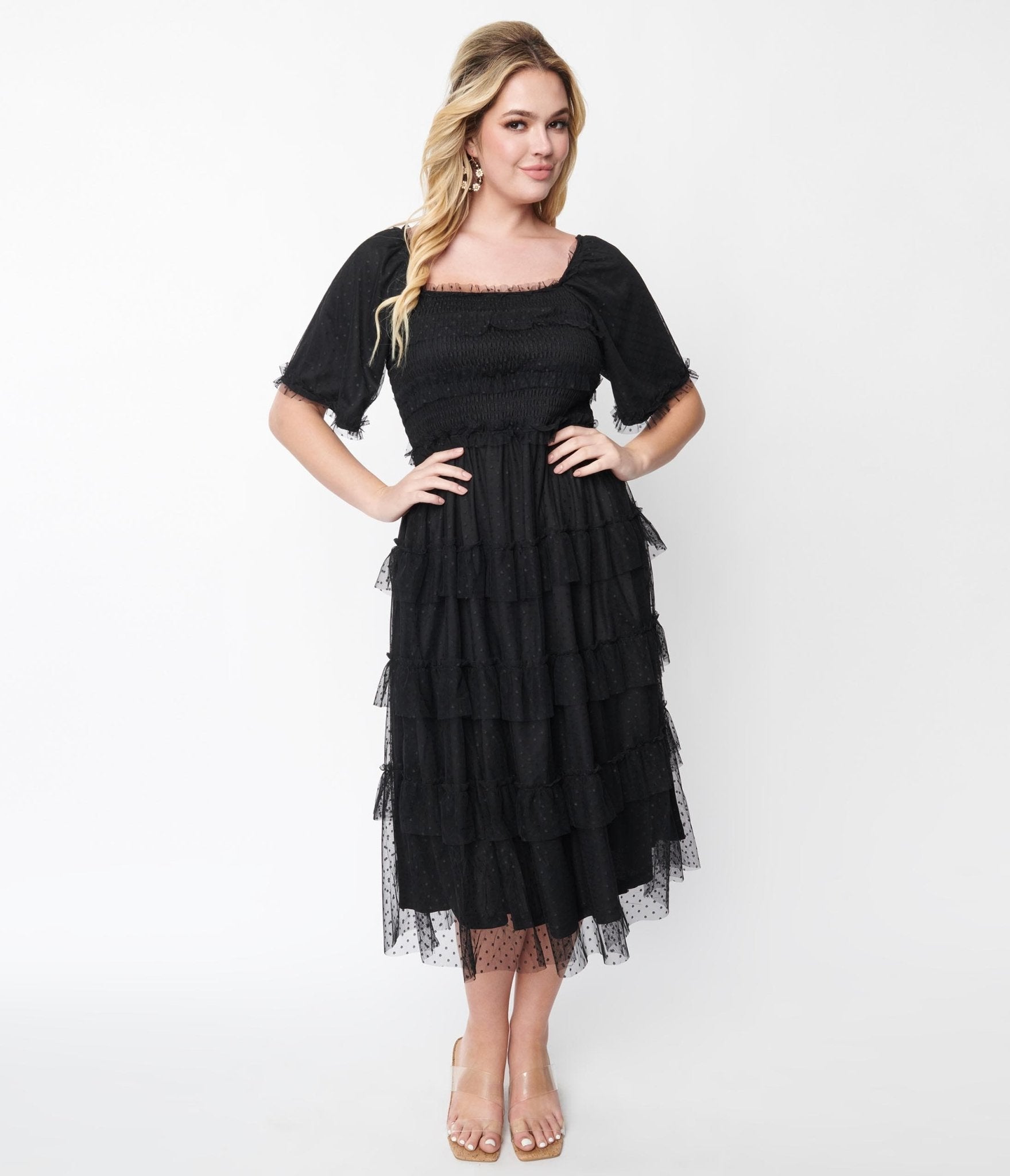  Black Ruffled Tiered Midi Dress