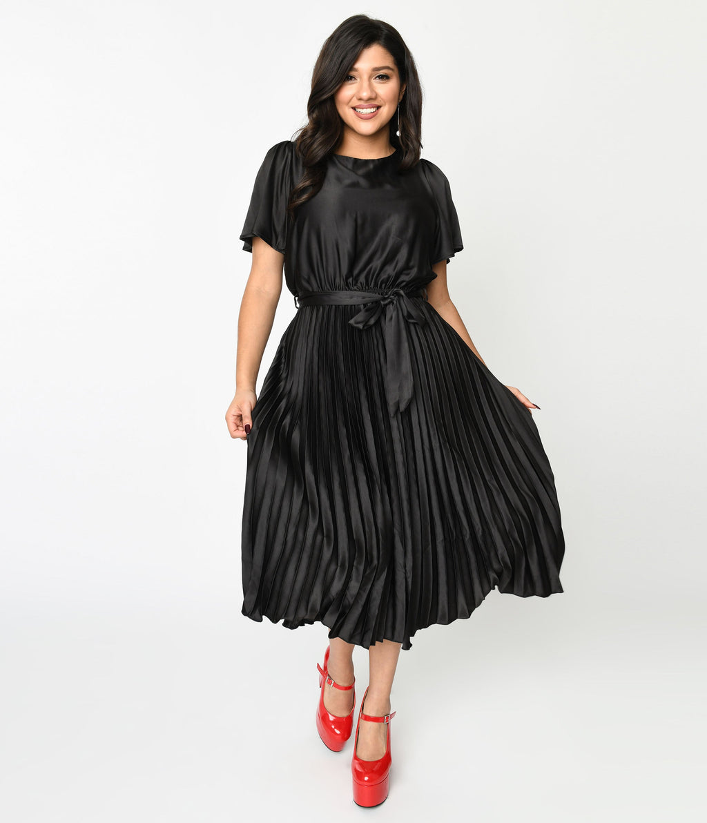  Black Satin Pleated Midi Dress