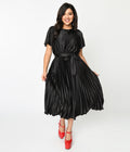  Black Satin Pleated Midi Dress
