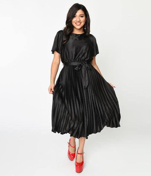  Black Satin Pleated Midi Dress