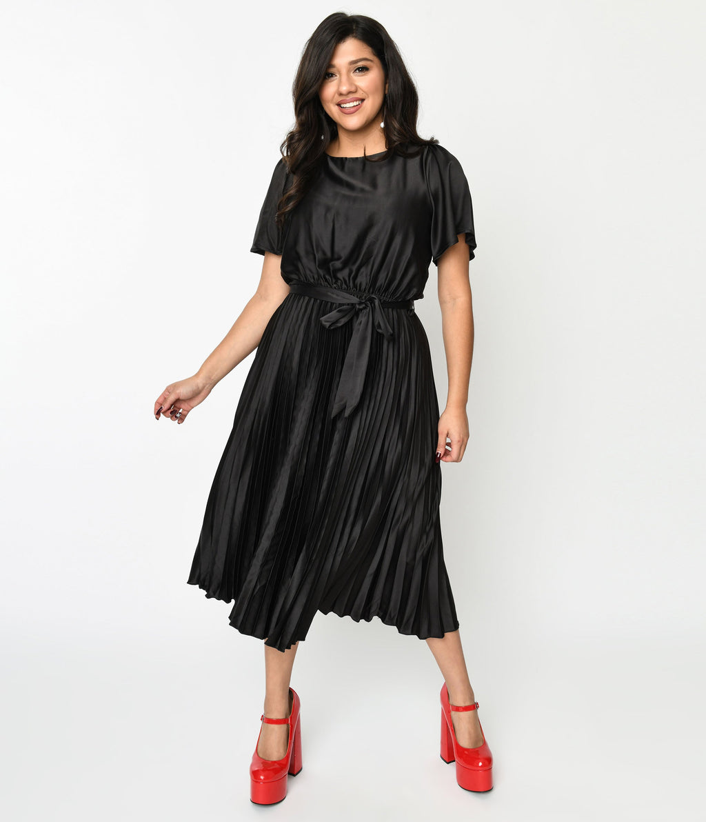  Black Satin Pleated Midi Dress