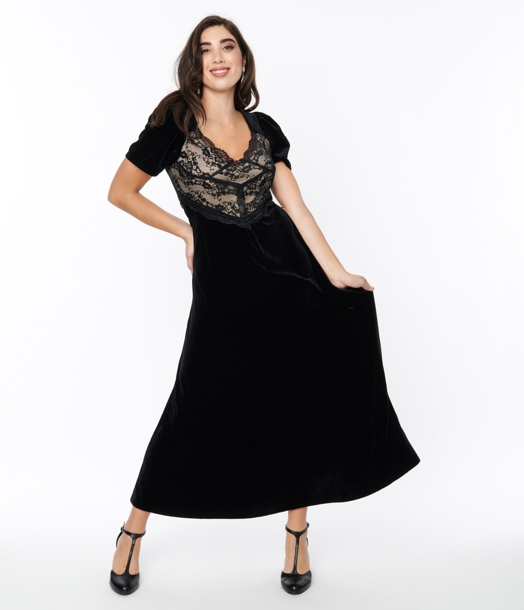  Black Velvet & Cream Lace Maxi Dress