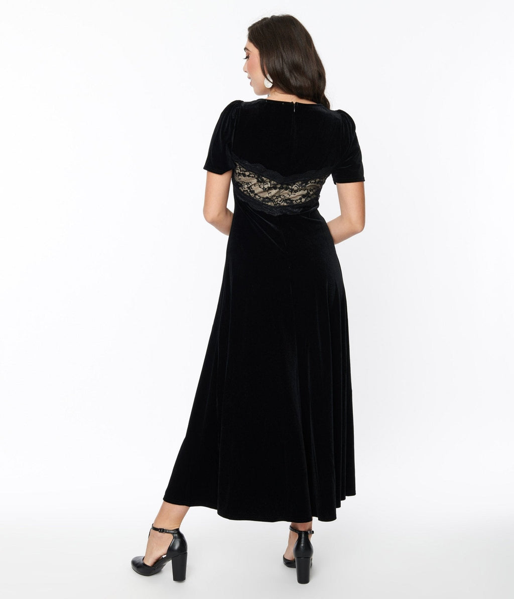  Black Velvet & Cream Lace Maxi Dress