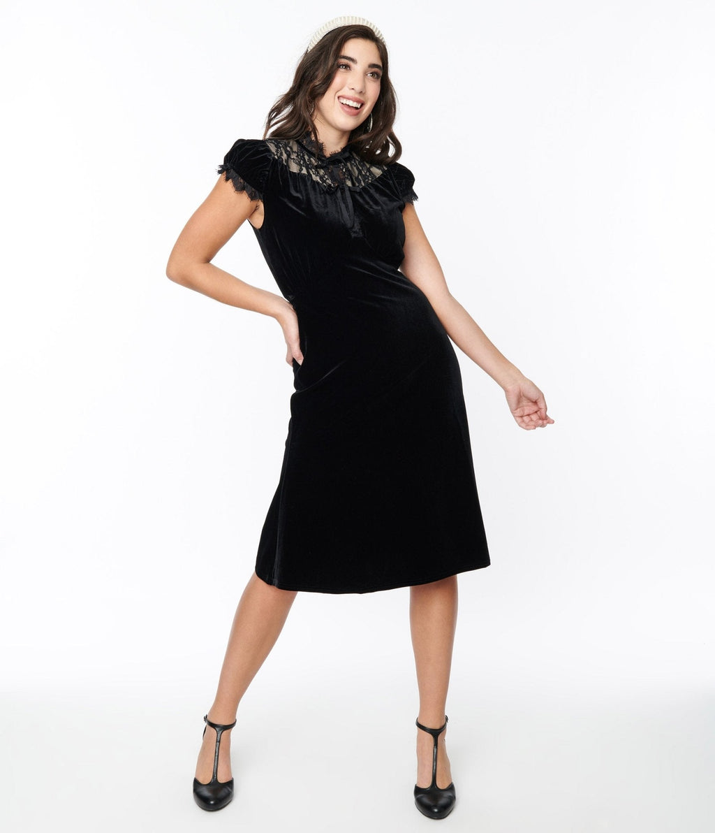  Black Velvet Lace Midi Shift Dress