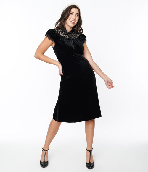  Black Velvet Lace Midi Shift Dress