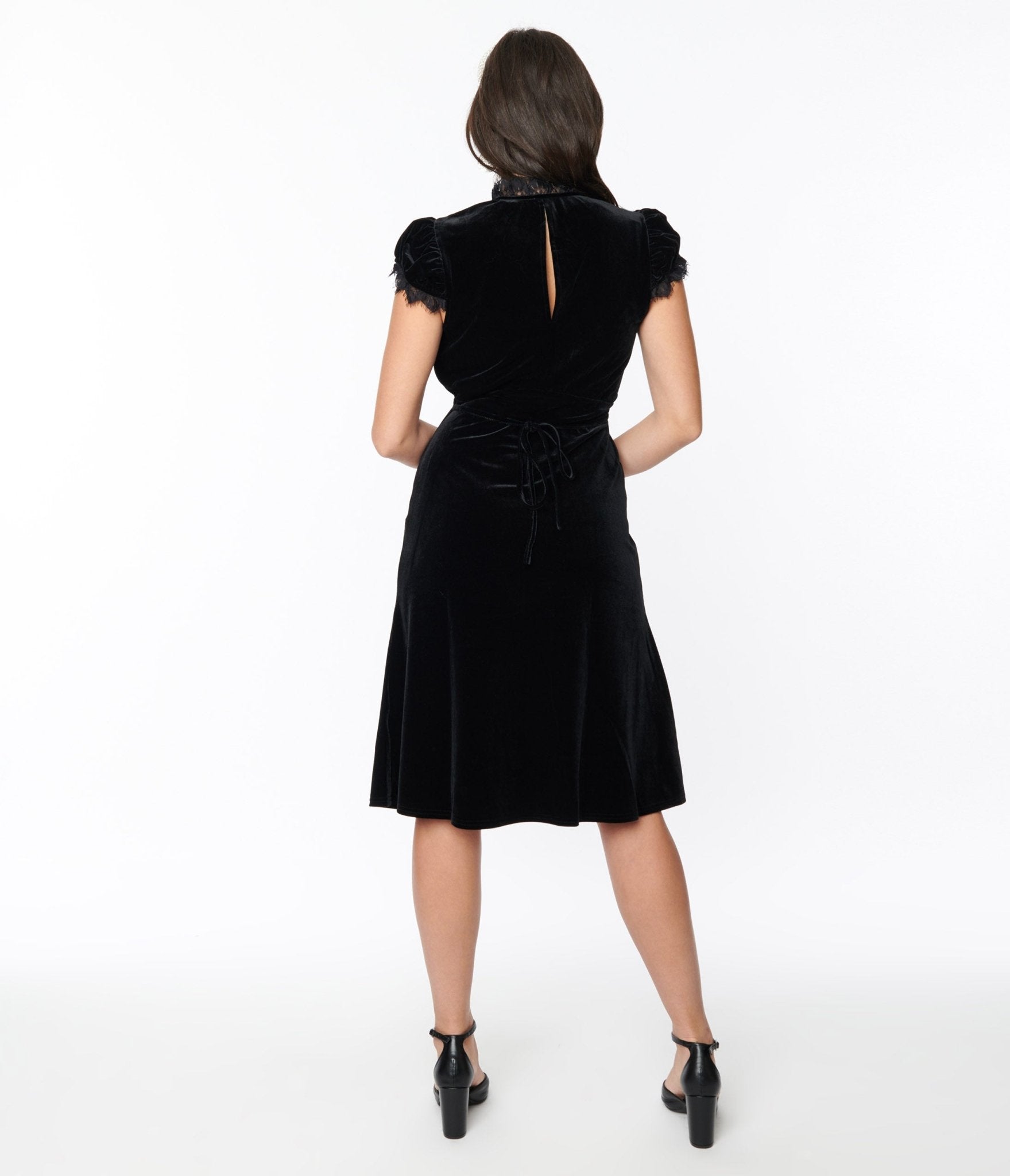 Black Velvet Lace Midi Shift Dress