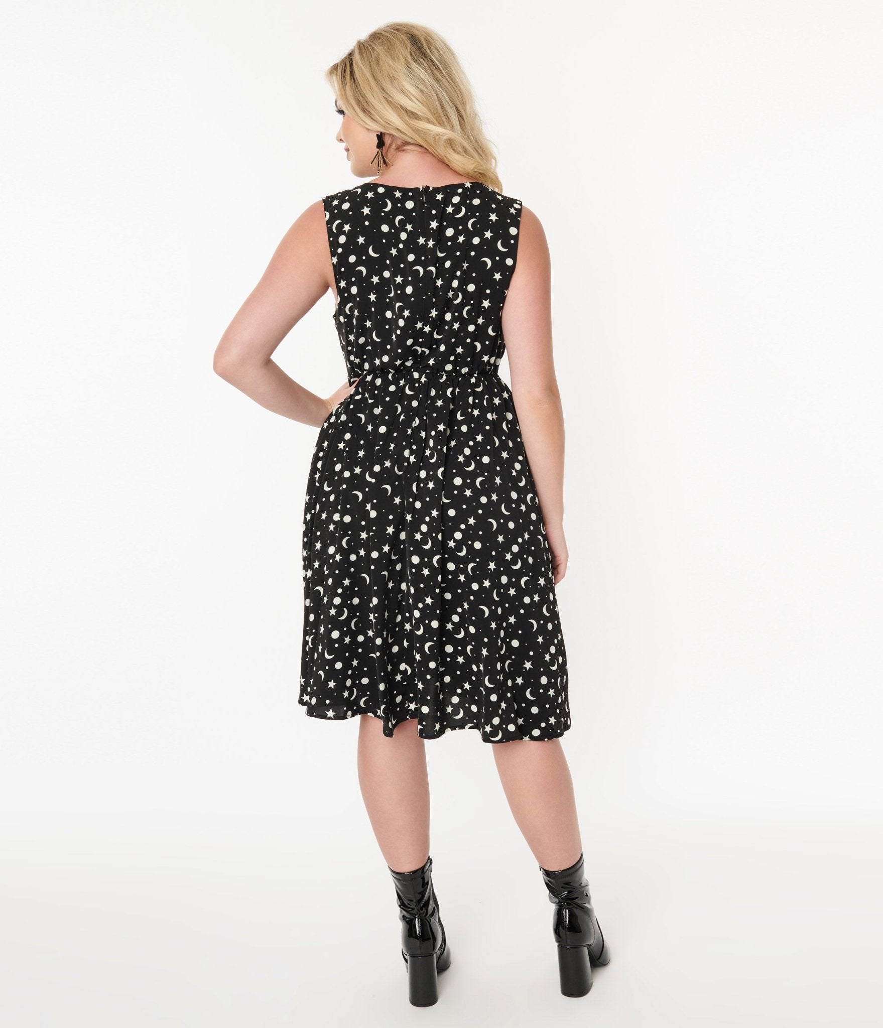  Black & White Celestial Print Flare Dress