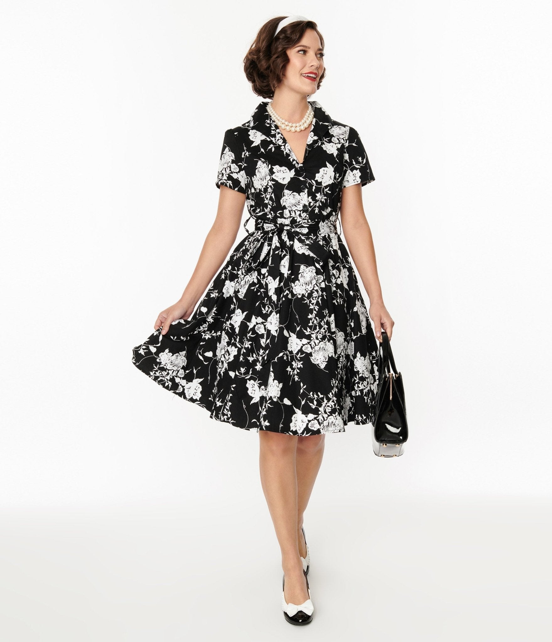  Black & White Floral Swing Shirt Dress