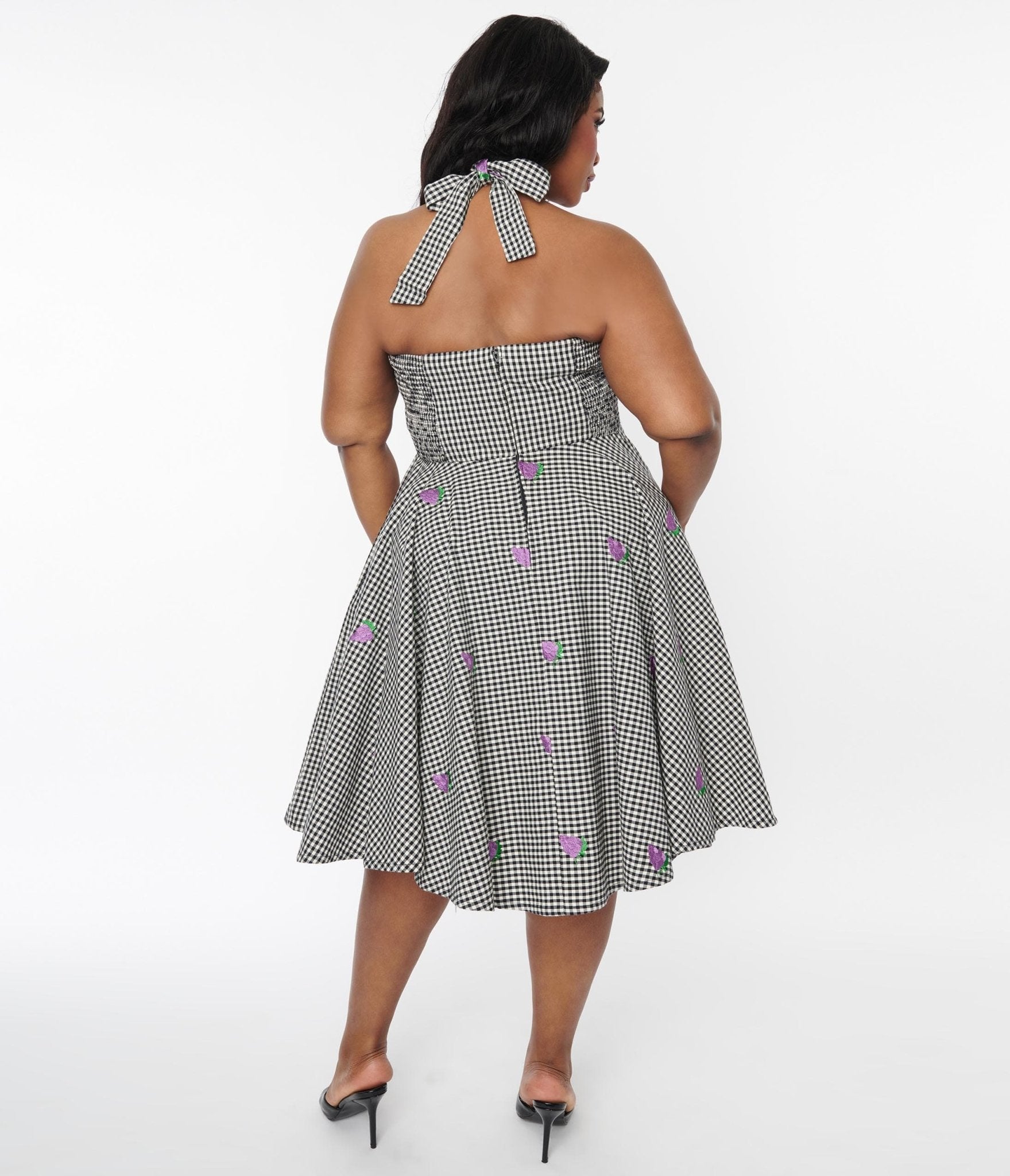  Black & White Gingham Grape Embroidered Halter Swing Dress