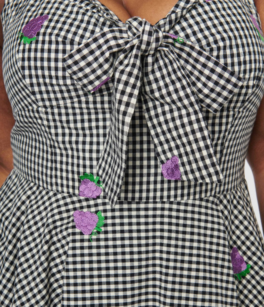  Black & White Gingham Grape Embroidered Halter Swing Dress