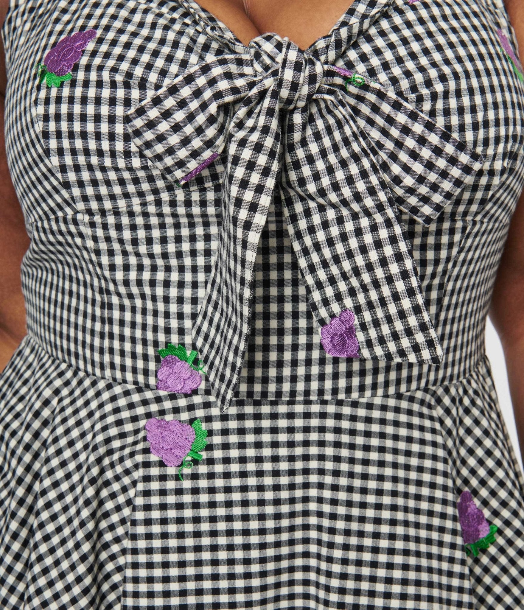  Black & White Gingham Grape Embroidered Halter Swing Dress