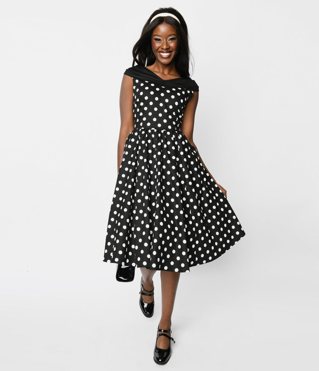  Black & White Polka Dot Off The Shoulder Swing Dress