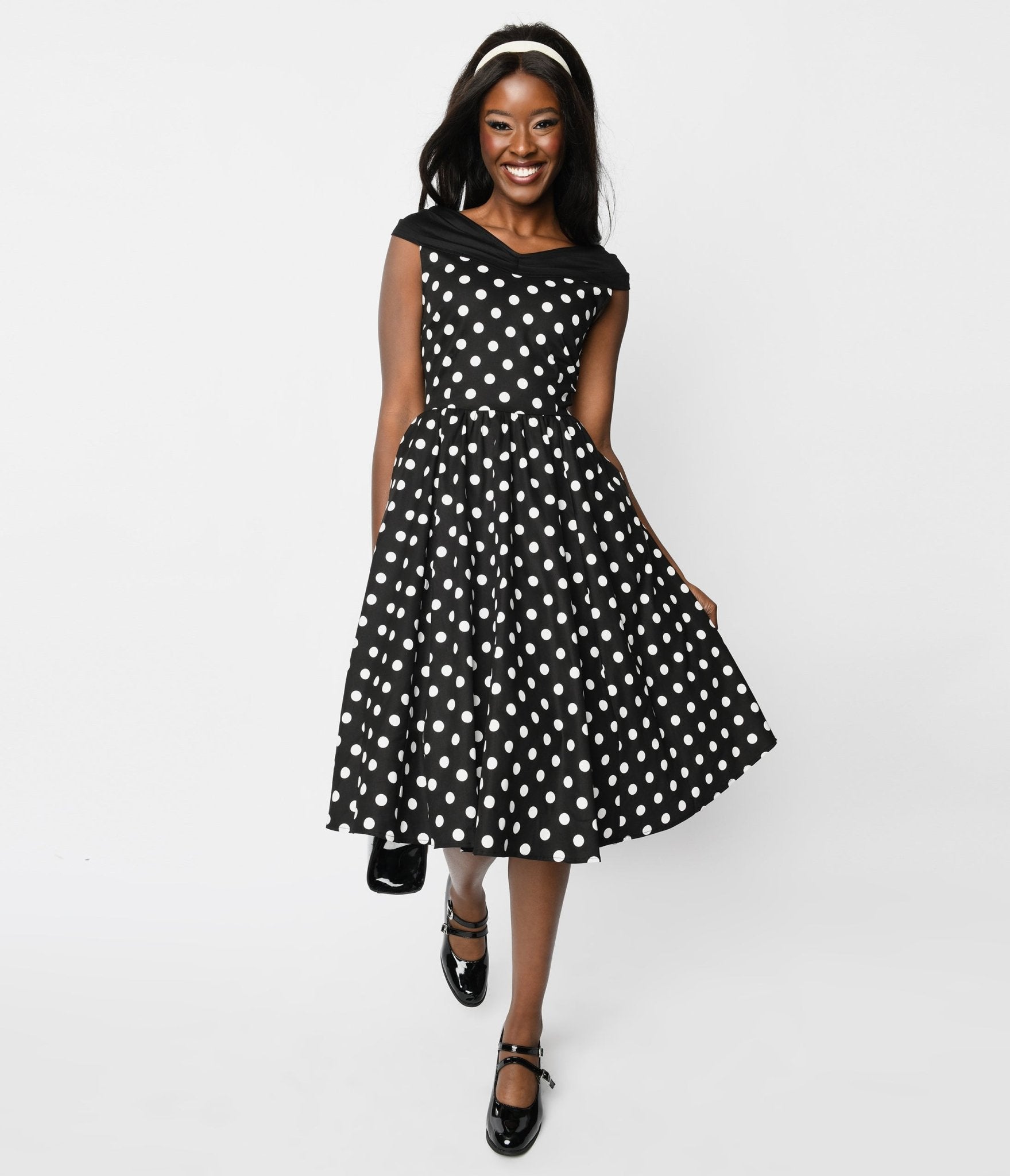  Black & White Polka Dot Off The Shoulder Swing Dress