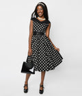  Black & White Polka Dot Off The Shoulder Swing Dress