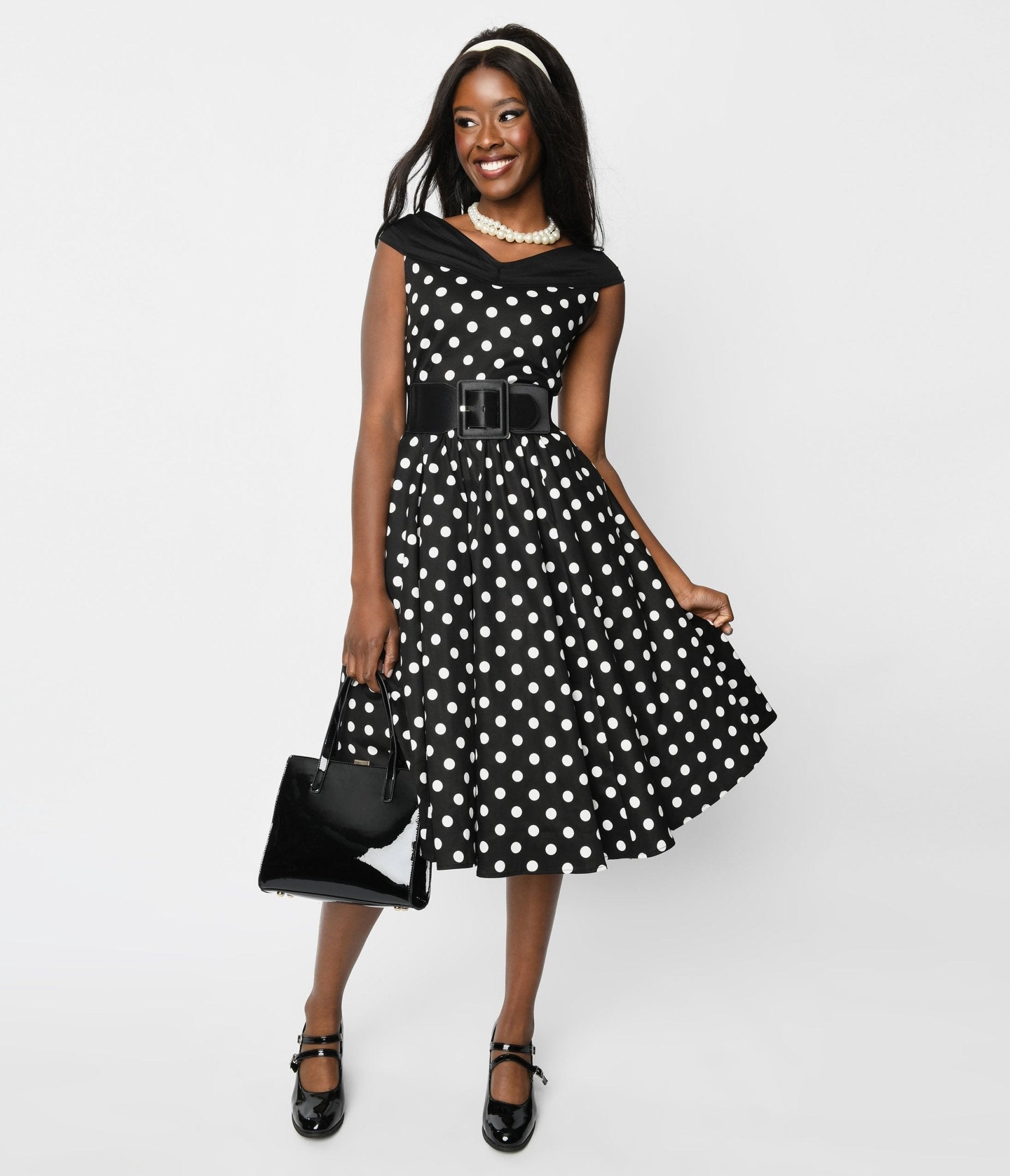  Black & White Polka Dot Off The Shoulder Swing Dress
