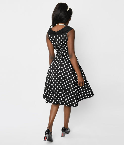  Black & White Polka Dot Off The Shoulder Swing Dress
