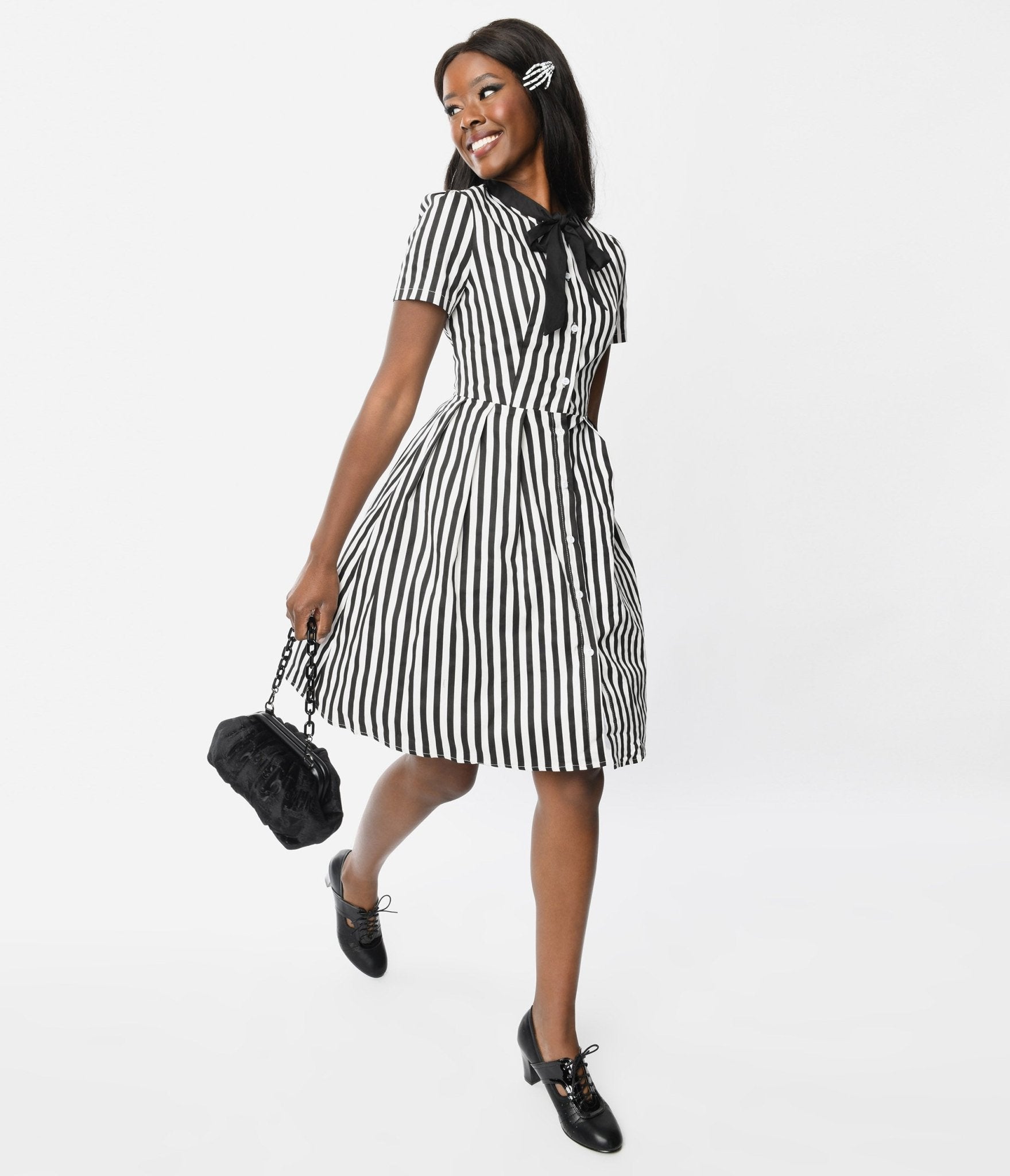  Black & White Striped Rockabilly Fit & Flare Dress