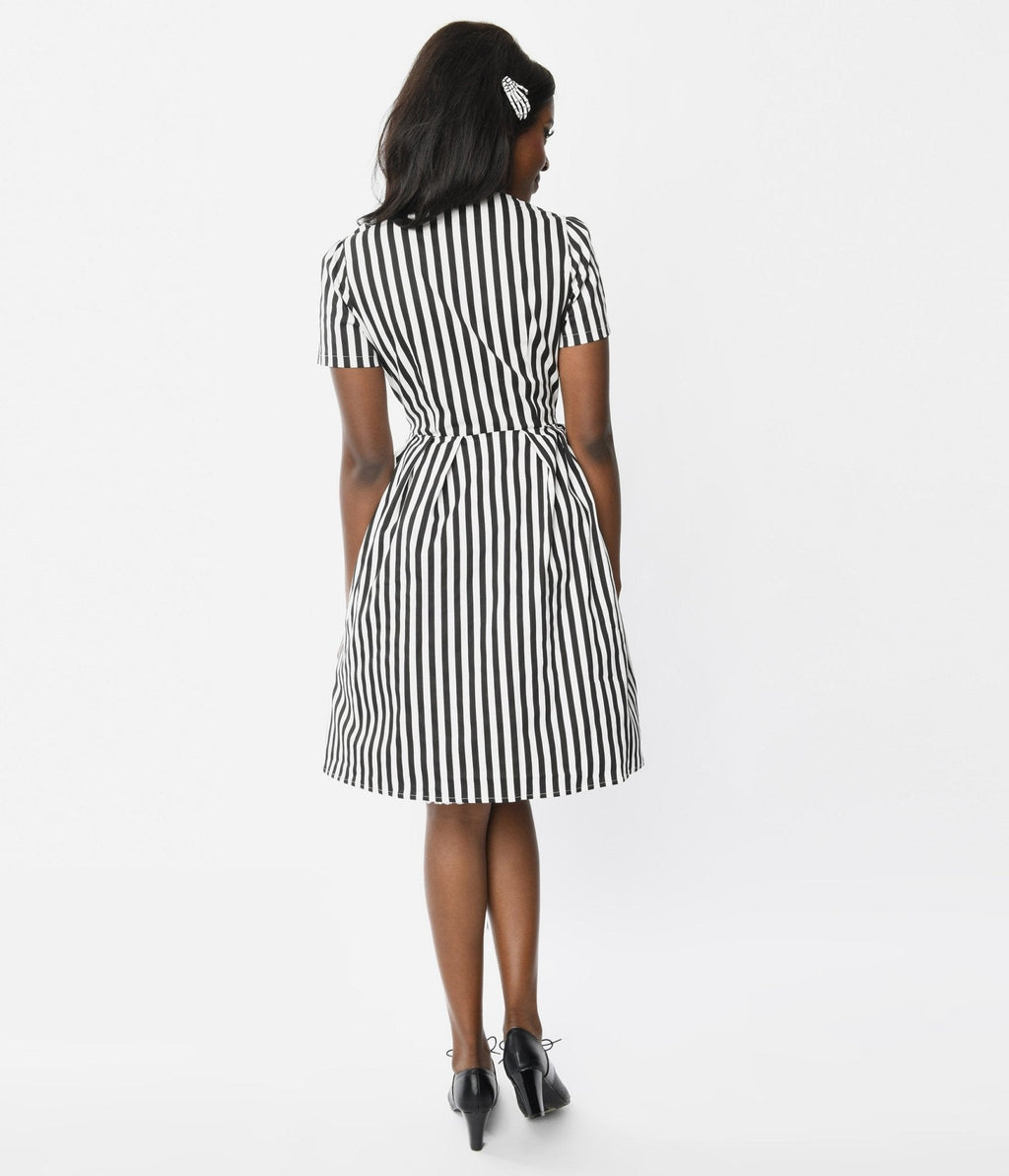  Black & White Striped Rockabilly Fit & Flare Dress
