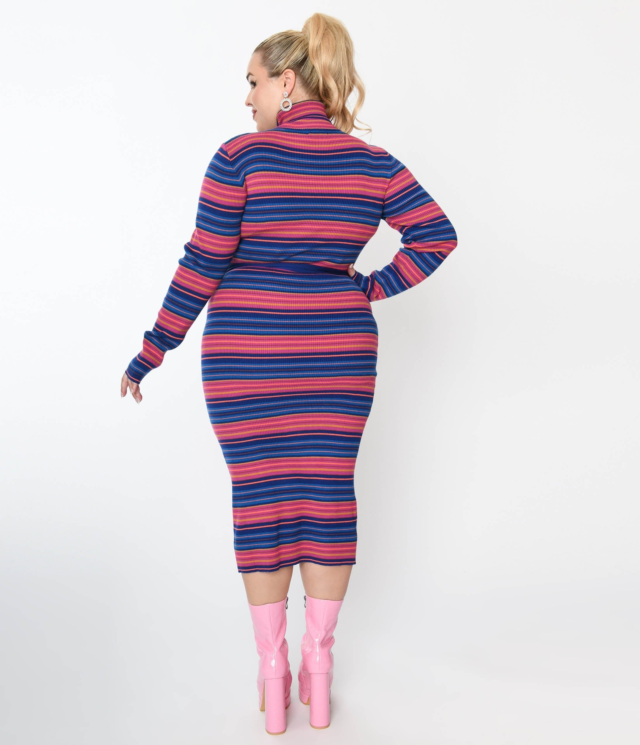  Blue & Fuchsia Striped Midi Bodycon Dress