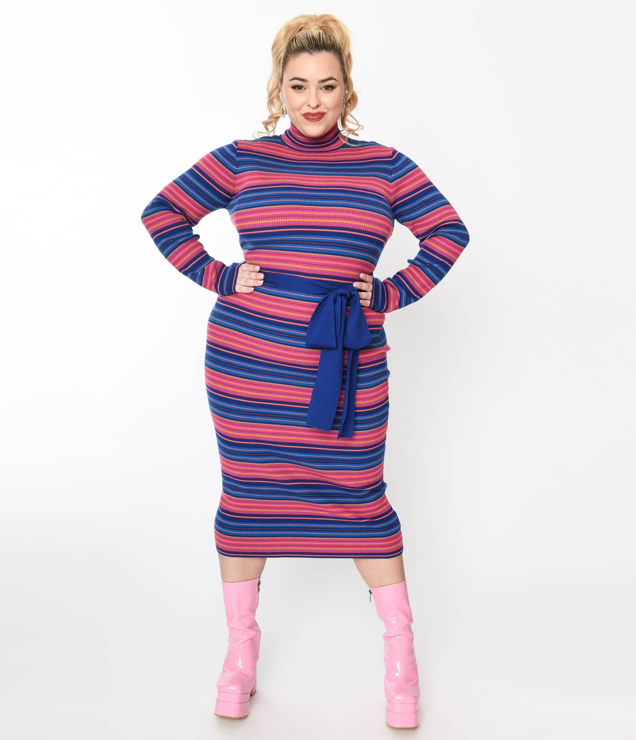  Blue & Fuchsia Striped Midi Bodycon Dress