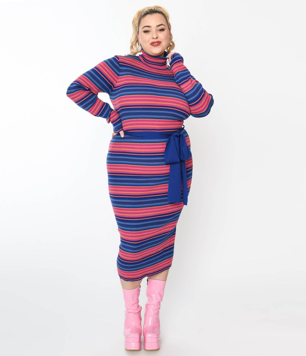  Blue & Fuchsia Striped Midi Bodycon Dress