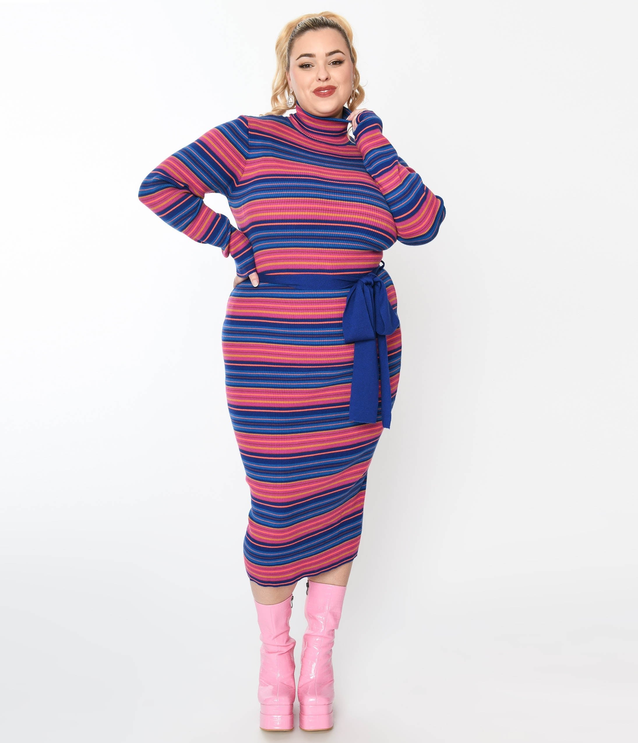  Blue & Fuchsia Striped Midi Bodycon Dress