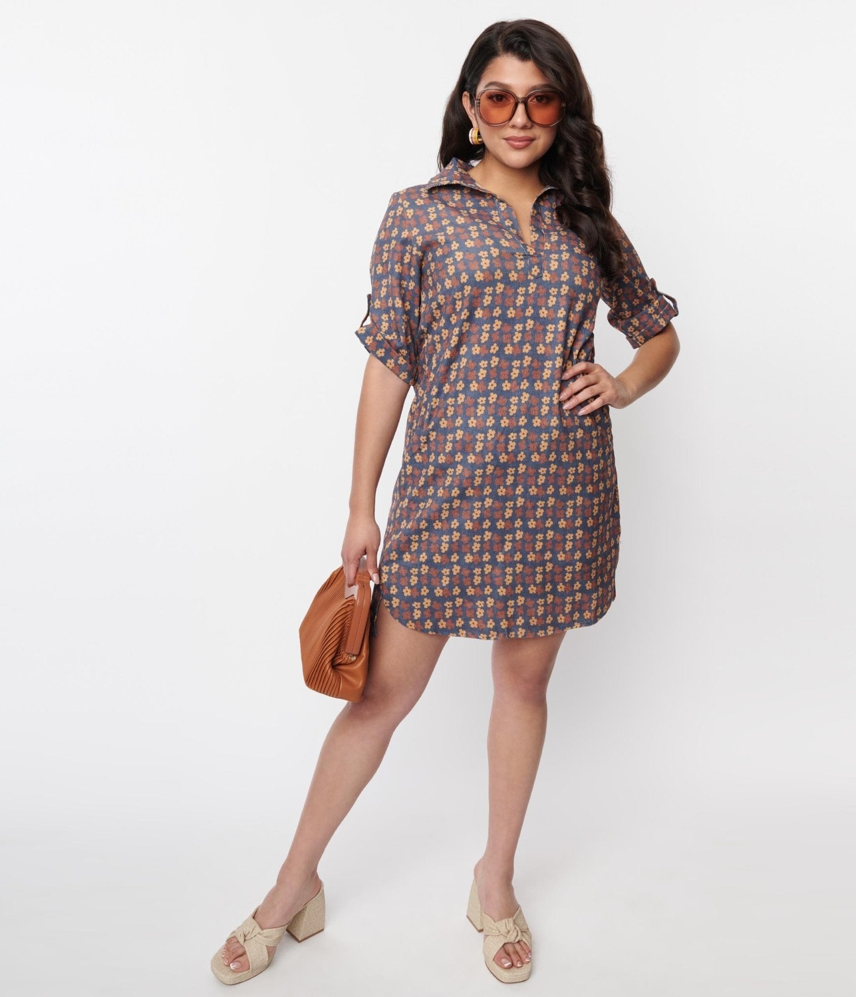  Blue Mod Daisy Corduroy Shift Dress