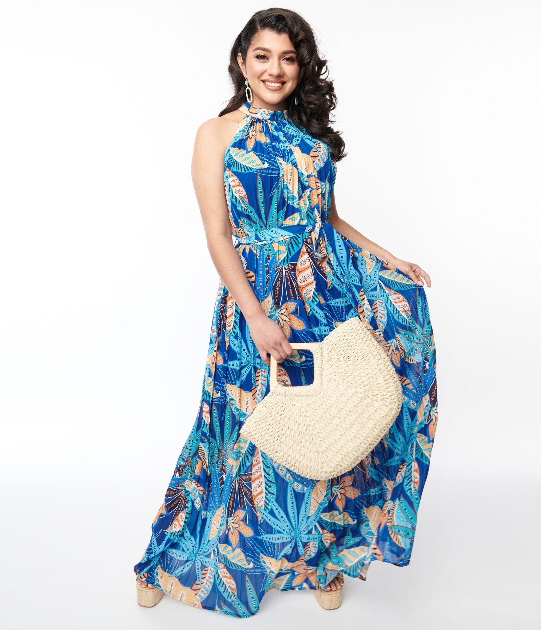  Blue Tropical Pleated Maxi Dress