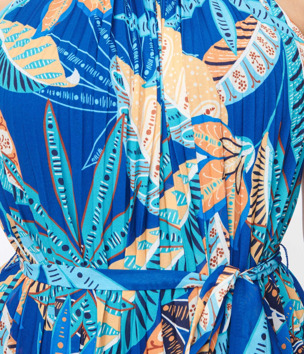  Blue Tropical Pleated Maxi Dress