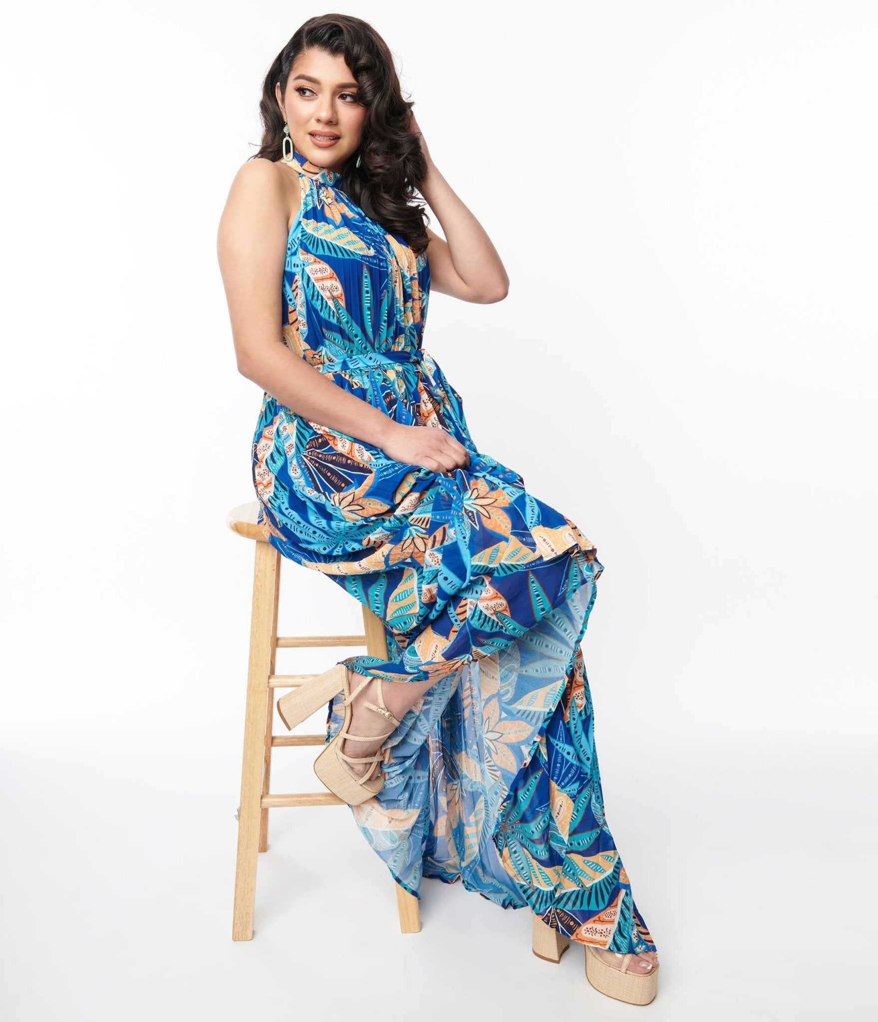  Blue Tropical Pleated Maxi Dress