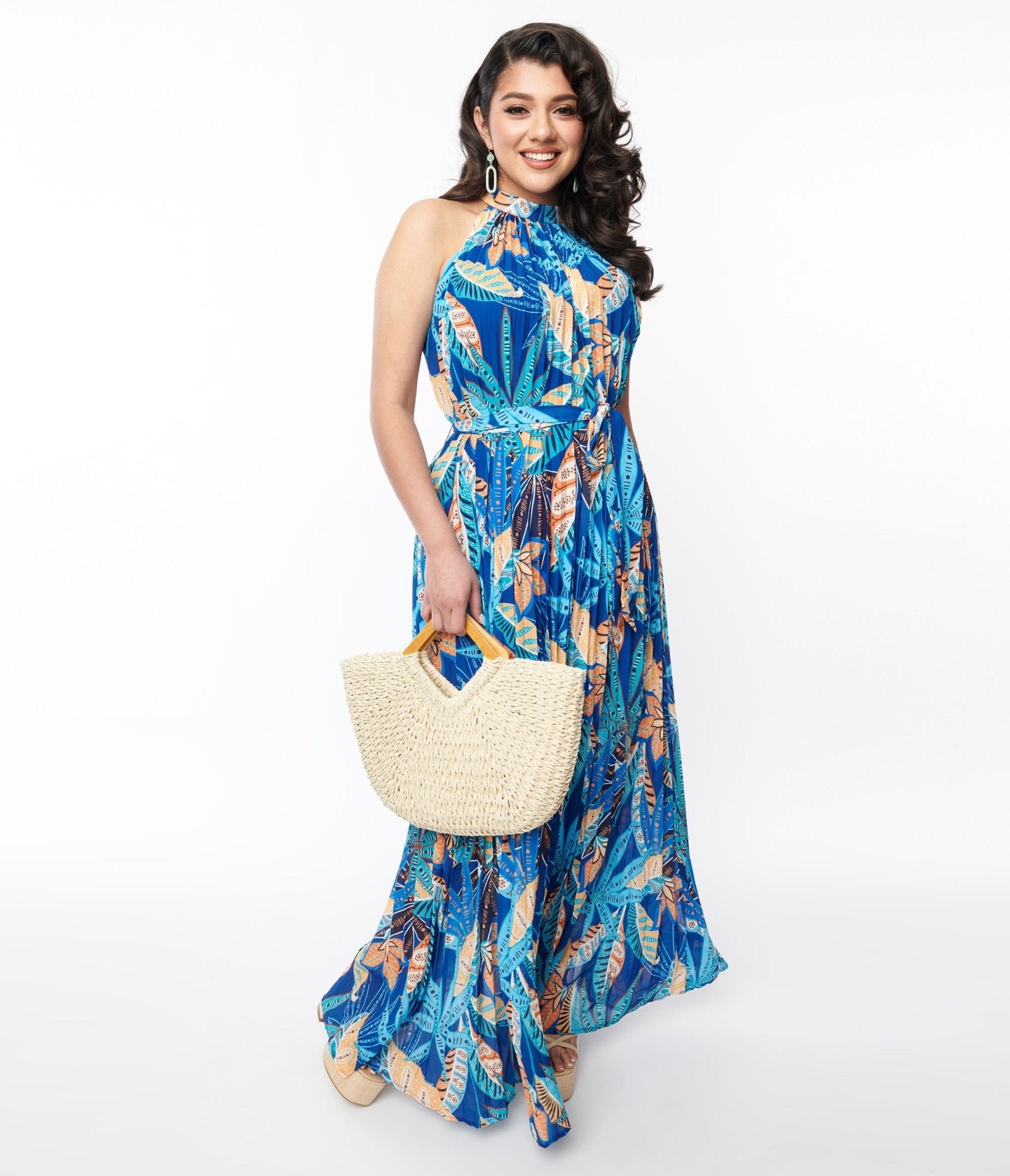  Blue Tropical Pleated Maxi Dress
