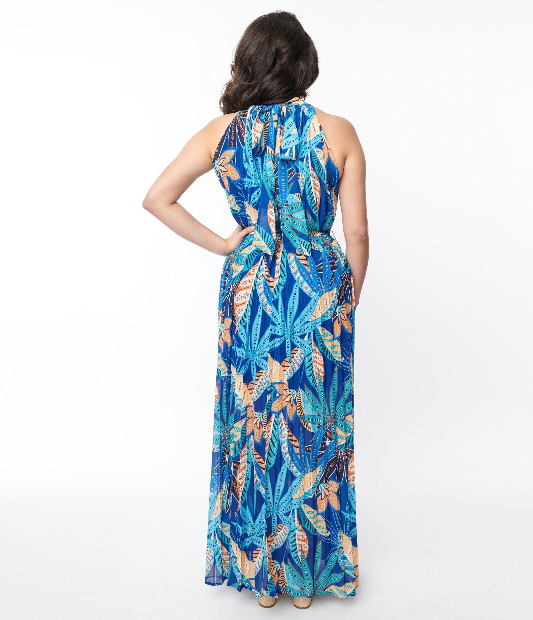  Blue Tropical Pleated Maxi Dress