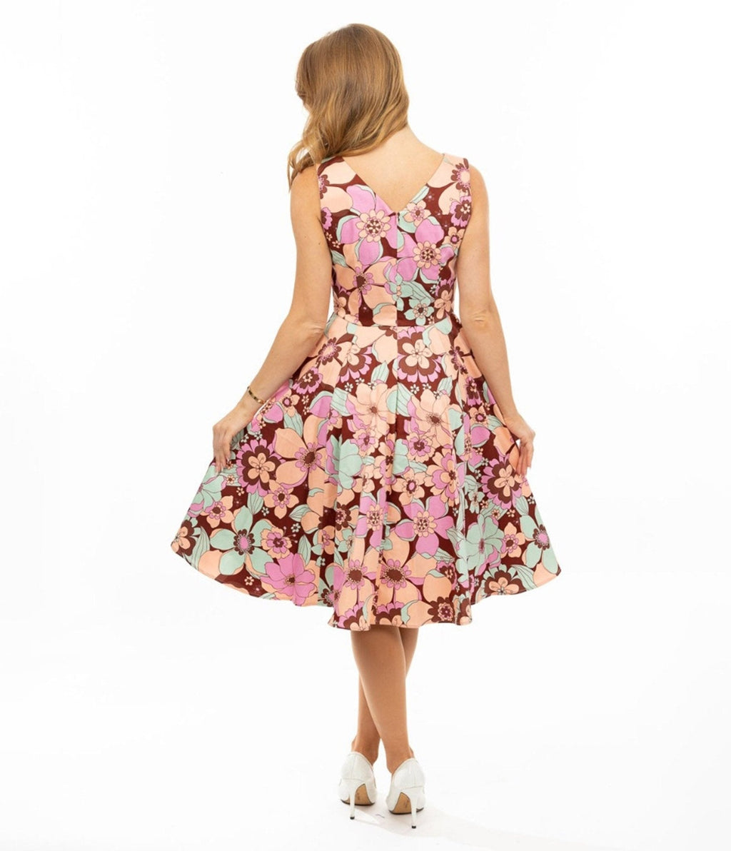  Burgundy & Pastel Florals Swing Dress