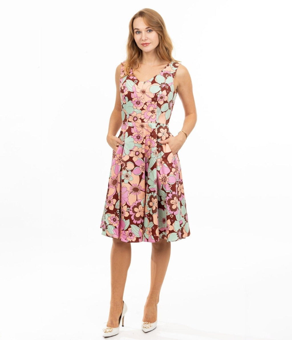  Burgundy & Pastel Florals Swing Dress