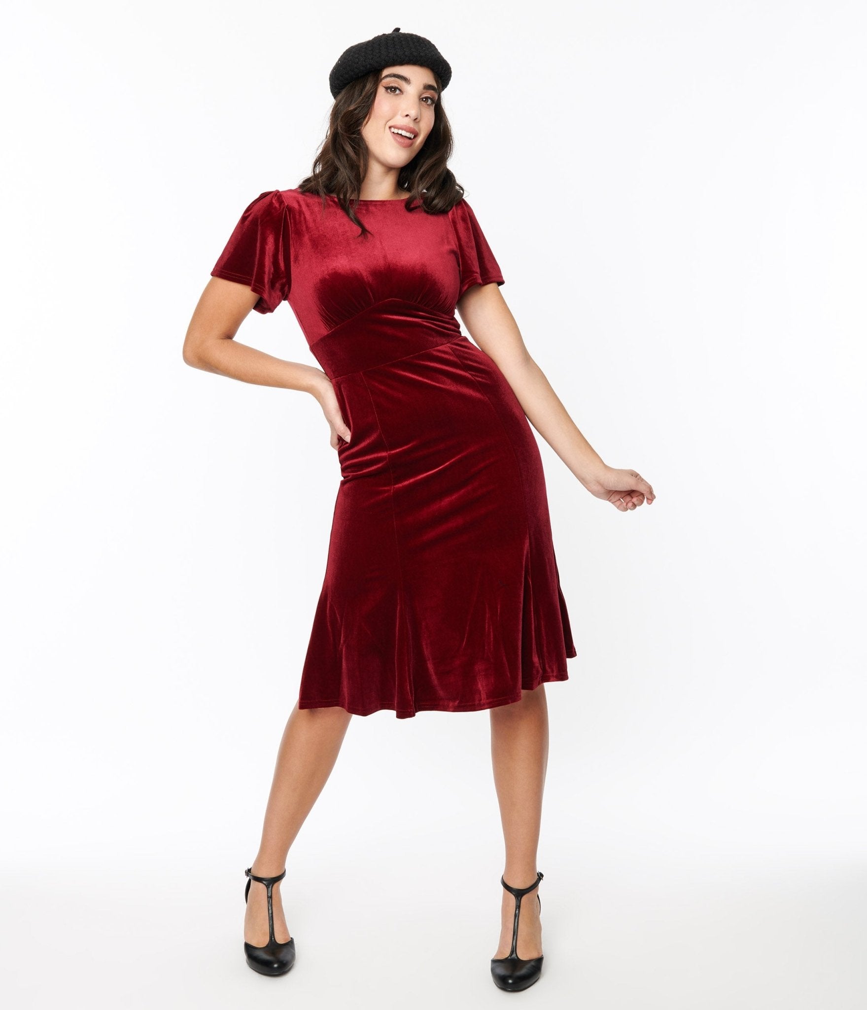  Burgundy Velvet Midi Shift Dress