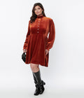 Burnt Orange Velvet Myers Fit & Flare Dress