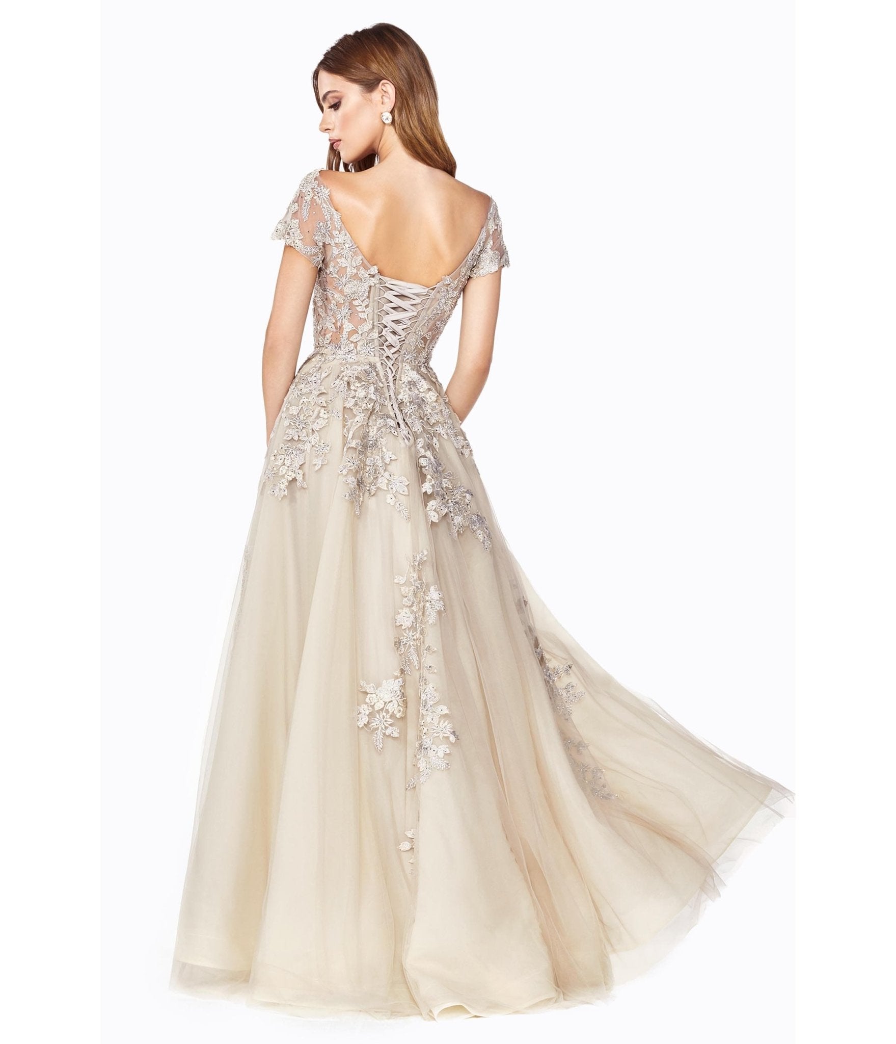  Cinderella Divine Champagne Floral A Line Bridal Ball Gown
