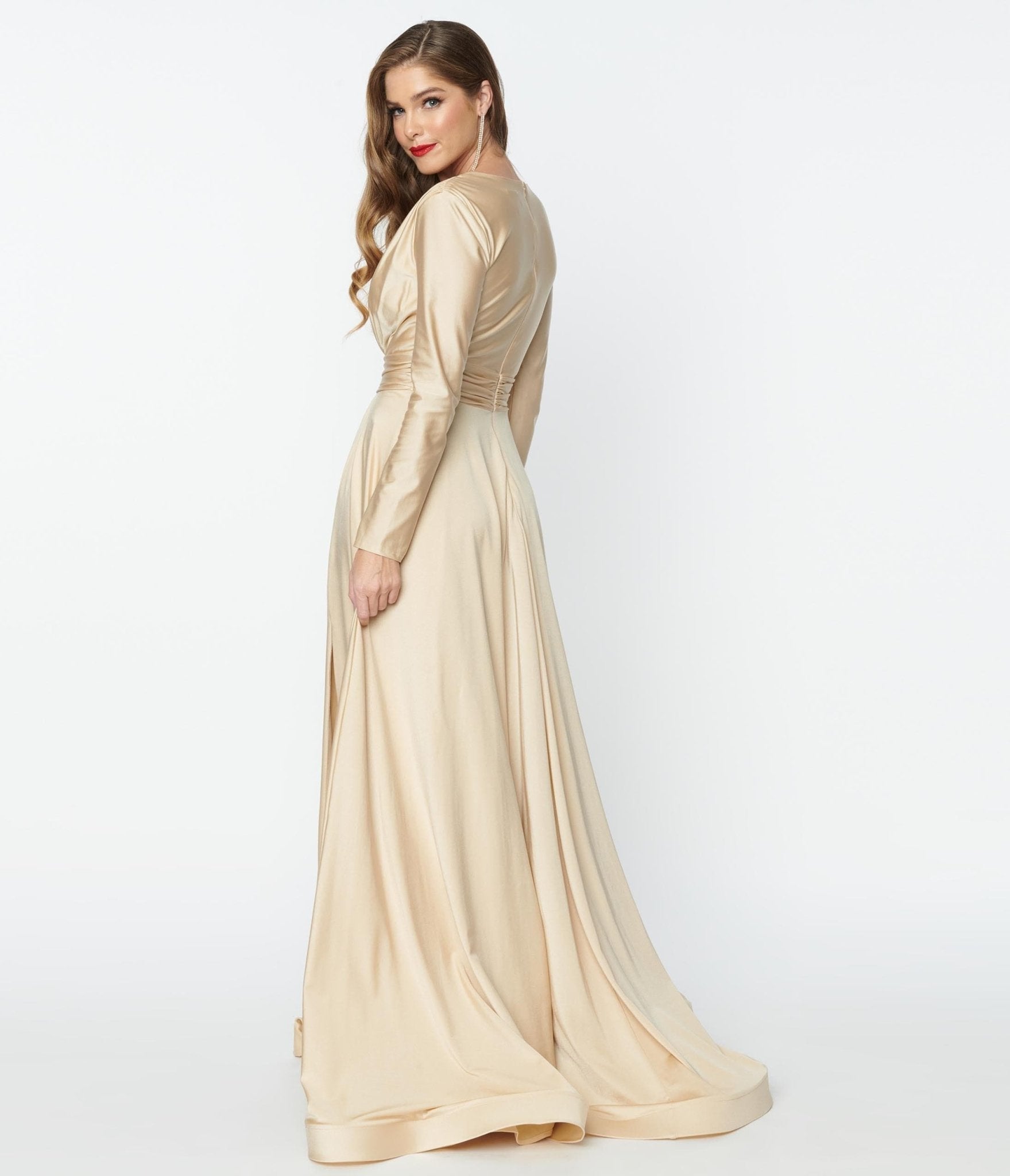  Champagne Long Sleeve Sophisticated Goddess Gown