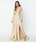  Champagne Long Sleeve Sophisticated Goddess Gown