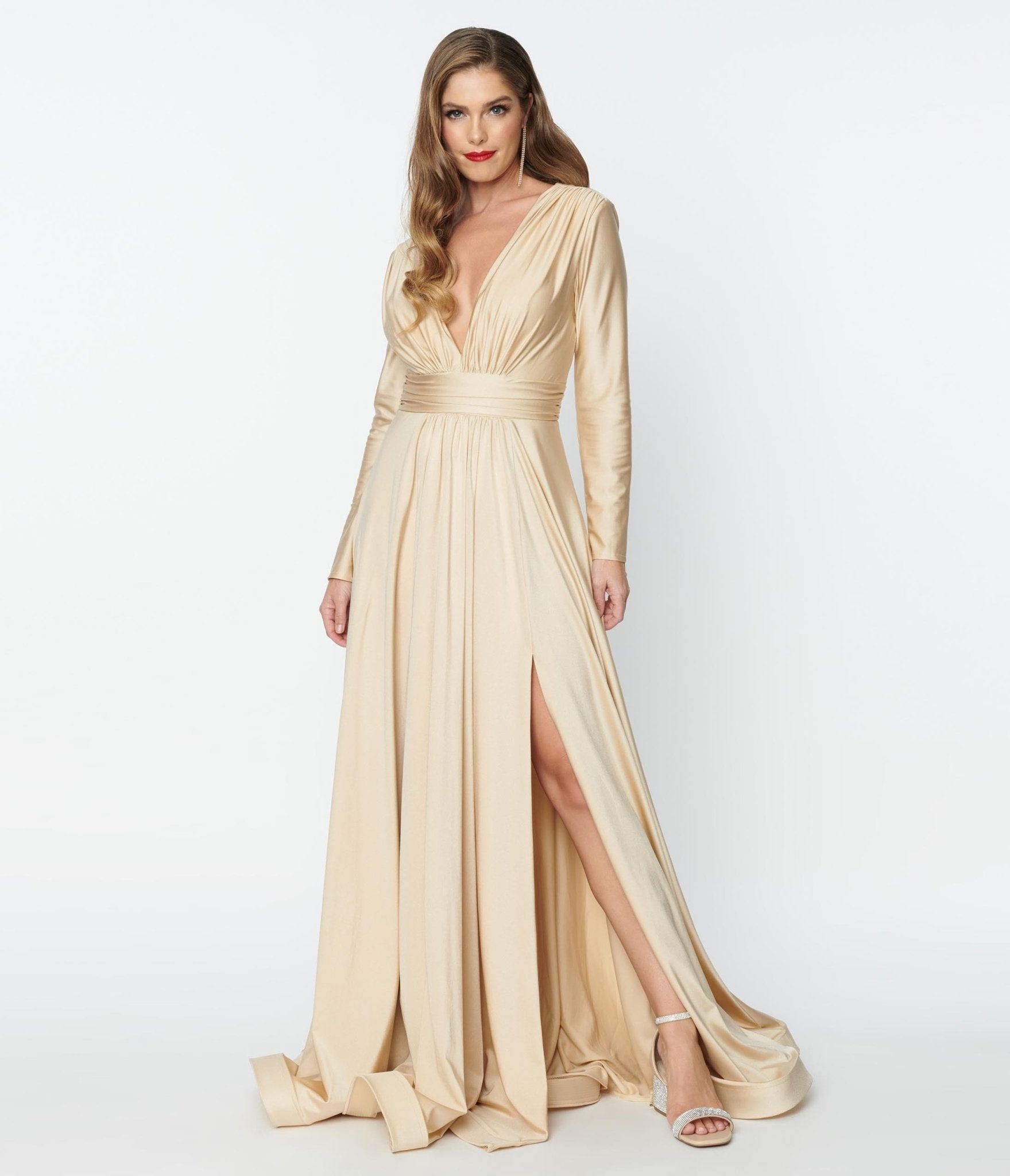  Champagne Long Sleeve Sophisticated Goddess Gown